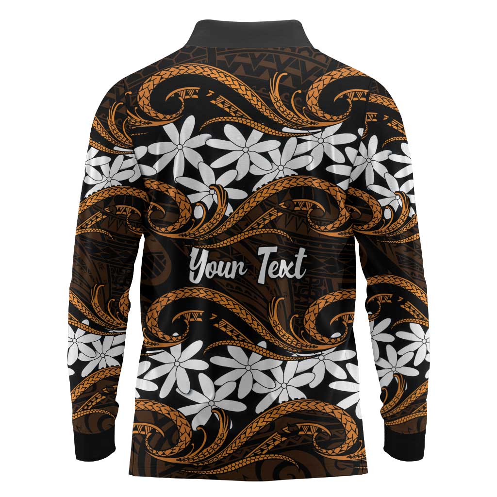 Personalised Cook Islands Rakahanga Long Sleeve Polo Shirt Tiare Maori Polynesian Waves Tattoo
