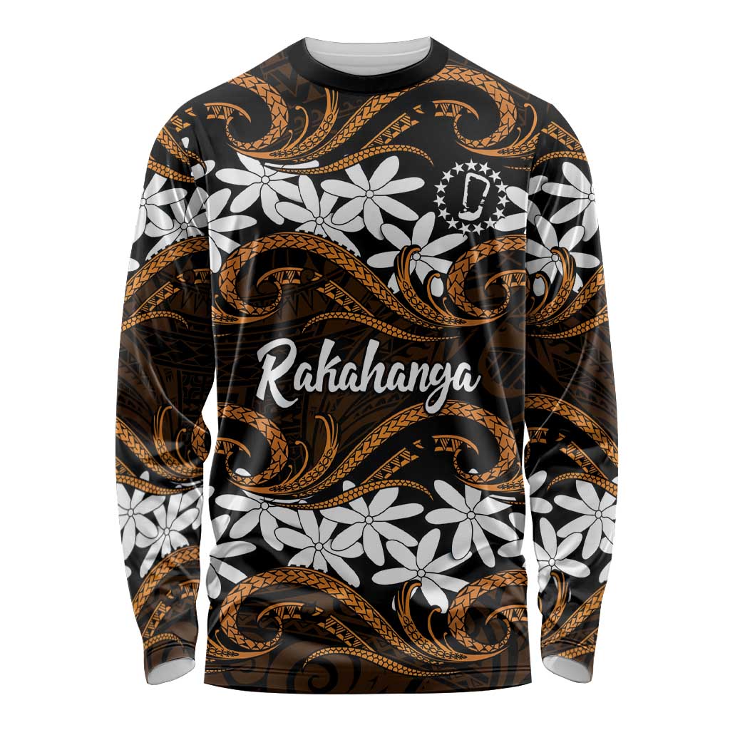 Personalised Cook Islands Rakahanga Long Sleeve Shirt Tiare Maori Polynesian Waves Tattoo