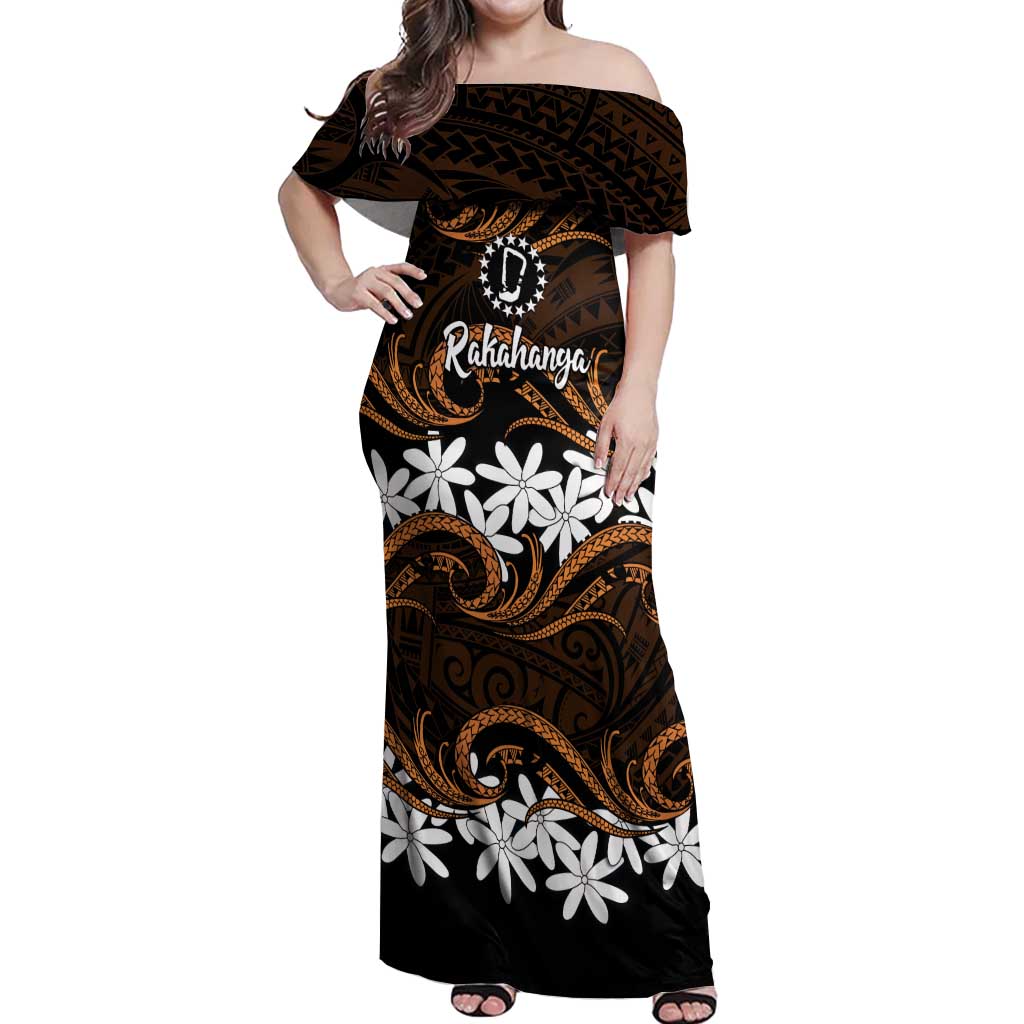 Personalised Cook Islands Rakahanga Off Shoulder Maxi Dress Tiare Maori Polynesian Waves Tattoo LT14 Women Orange - Polynesian Pride