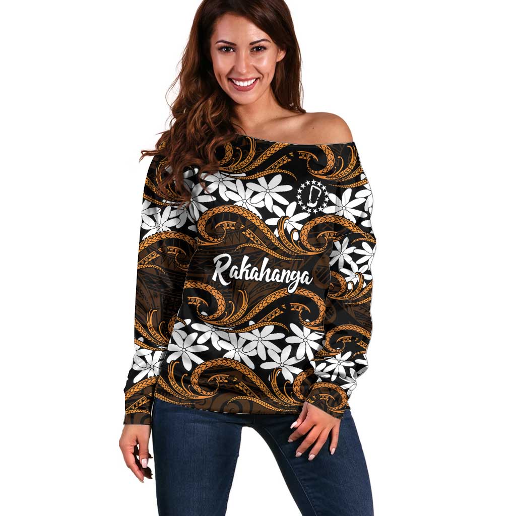 Personalised Cook Islands Rakahanga Off Shoulder Sweater Tiare Maori Polynesian Waves Tattoo