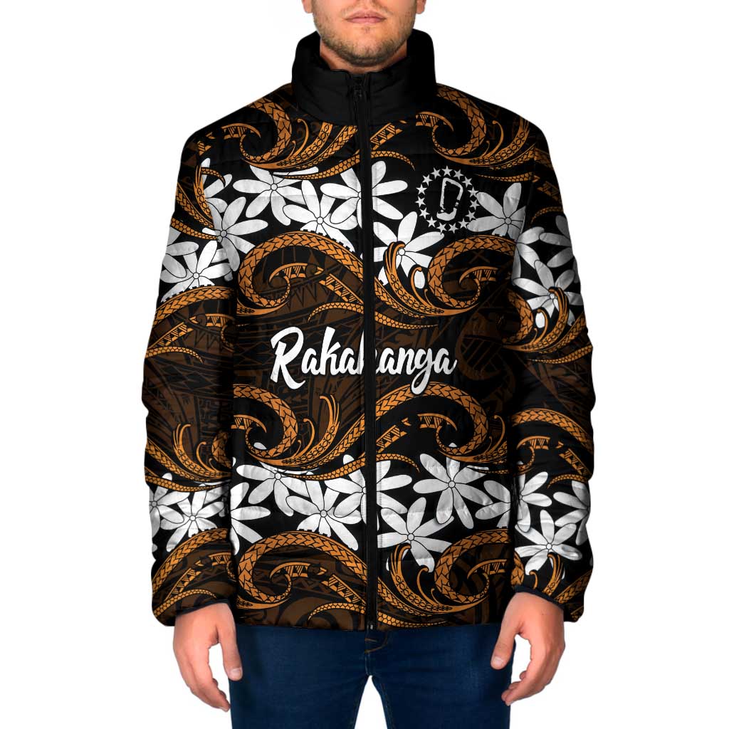 Personalised Cook Islands Rakahanga Padded Jacket Tiare Maori Polynesian Waves Tattoo