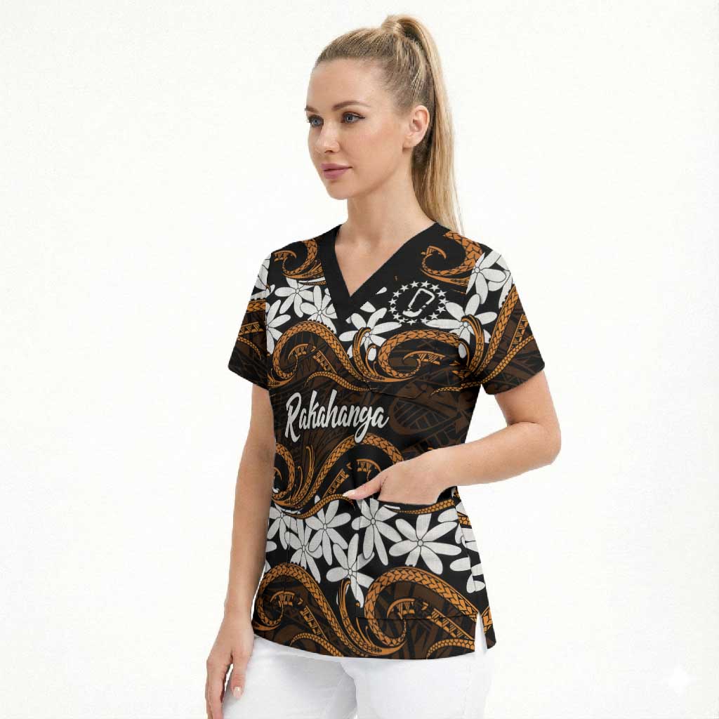 Personalised Cook Islands Rakahanga Scrub Top Tiare Maori Polynesian Waves Tattoo