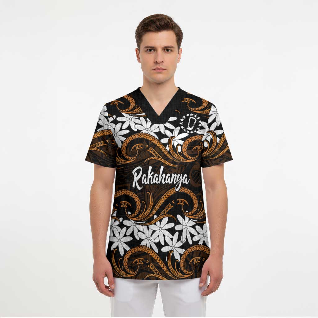 Personalised Cook Islands Rakahanga Scrub Top Tiare Maori Polynesian Waves Tattoo