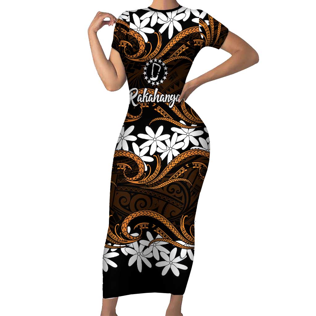 Personalised Cook Islands Rakahanga Short Sleeve Bodycon Dress Tiare Maori Polynesian Waves Tattoo