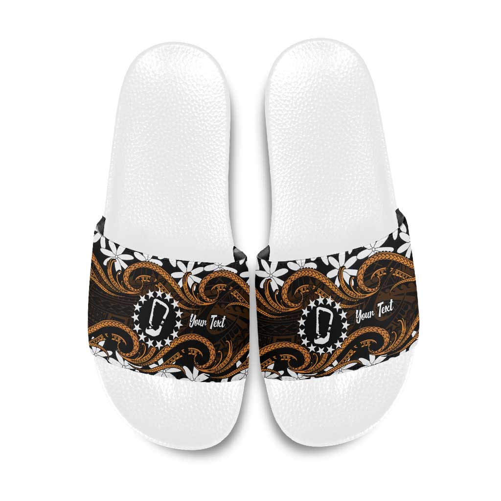 Personalised Cook Islands Rakahanga Slide Sandals Tiare Maori Polynesian Waves Tattoo