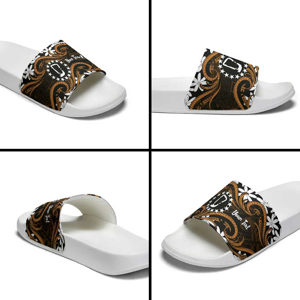 Personalised Cook Islands Rakahanga Slide Sandals Tiare Maori Polynesian Waves Tattoo