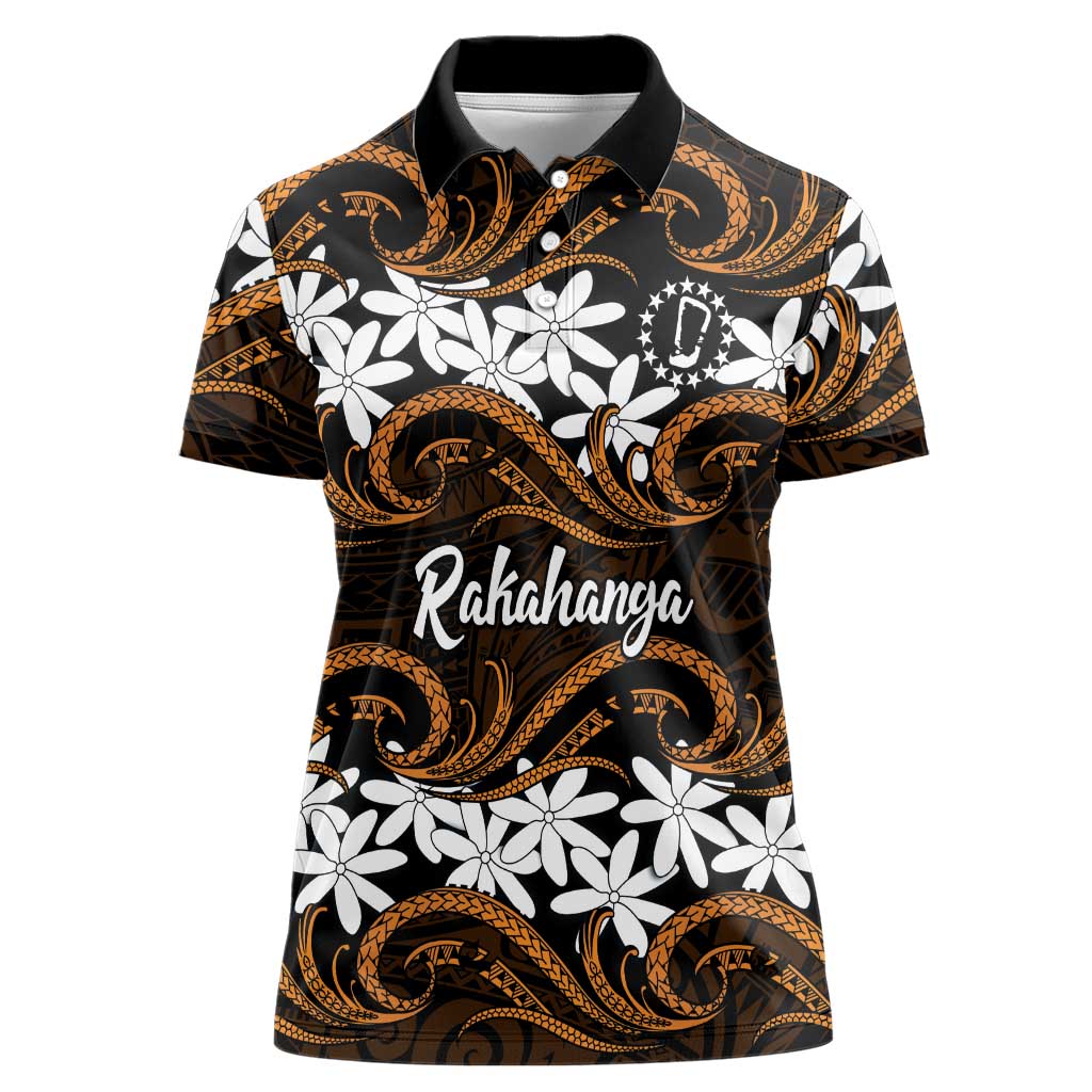 Personalised Cook Islands Rakahanga Women Polo Shirt Tiare Maori Polynesian Waves Tattoo