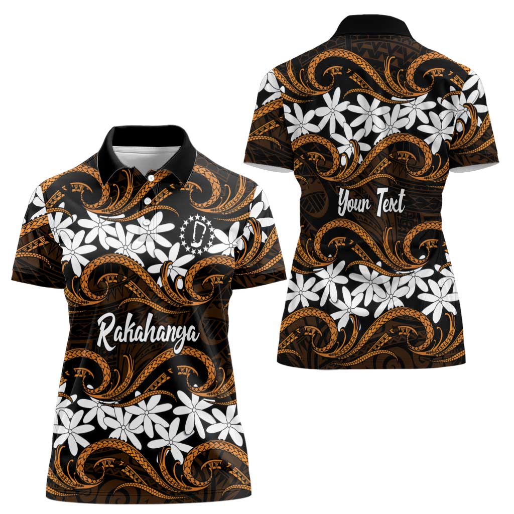 Personalised Cook Islands Rakahanga Women Polo Shirt Tiare Maori Polynesian Waves Tattoo