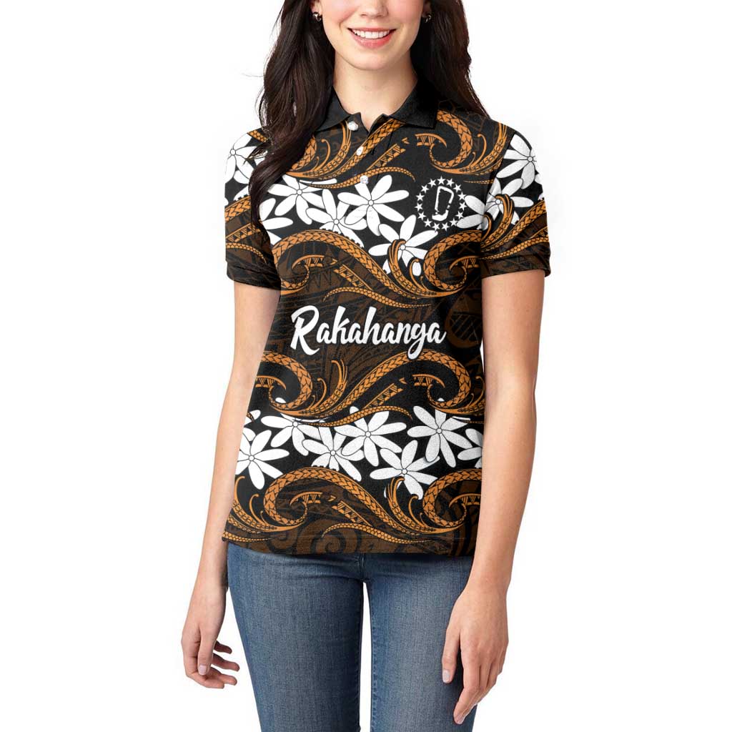 Personalised Cook Islands Rakahanga Women Polo Shirt Tiare Maori Polynesian Waves Tattoo