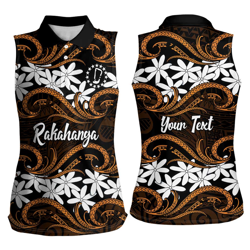 Personalised Cook Islands Rakahanga Women Sleeveless Polo Shirt Tiare Maori Polynesian Waves Tattoo