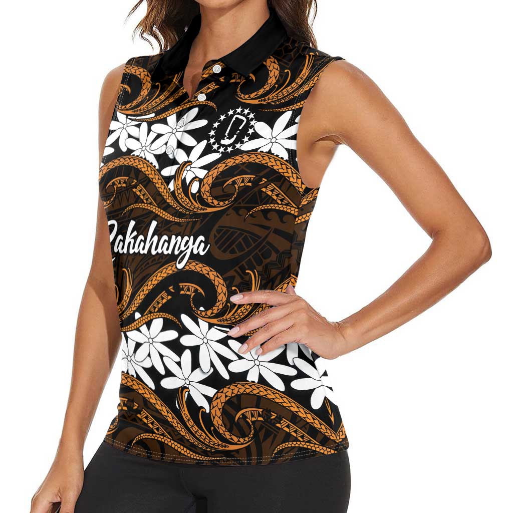 Personalised Cook Islands Rakahanga Women Sleeveless Polo Shirt Tiare Maori Polynesian Waves Tattoo
