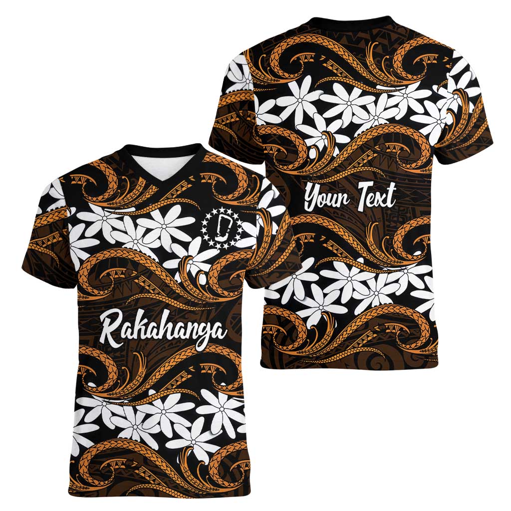 Personalised Cook Islands Rakahanga Women V-Neck T-Shirt Tiare Maori Polynesian Waves Tattoo