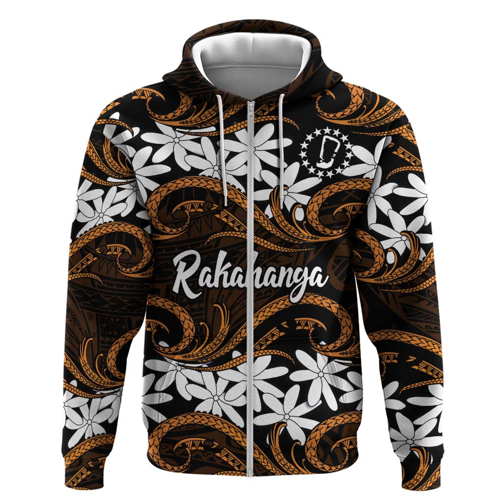 Personalised Cook Islands Rakahanga Zip Hoodie Tiare Maori Polynesian Waves Tattoo LT14 Zip Hoodie Orange - Polynesian Pride