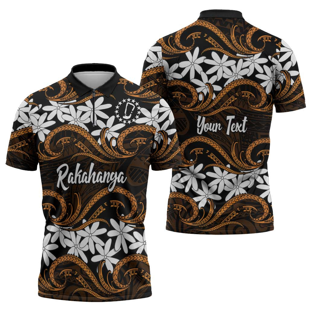 Personalised Cook Islands Rakahanga Zipper Polo Shirt Tiare Maori Polynesian Waves Tattoo