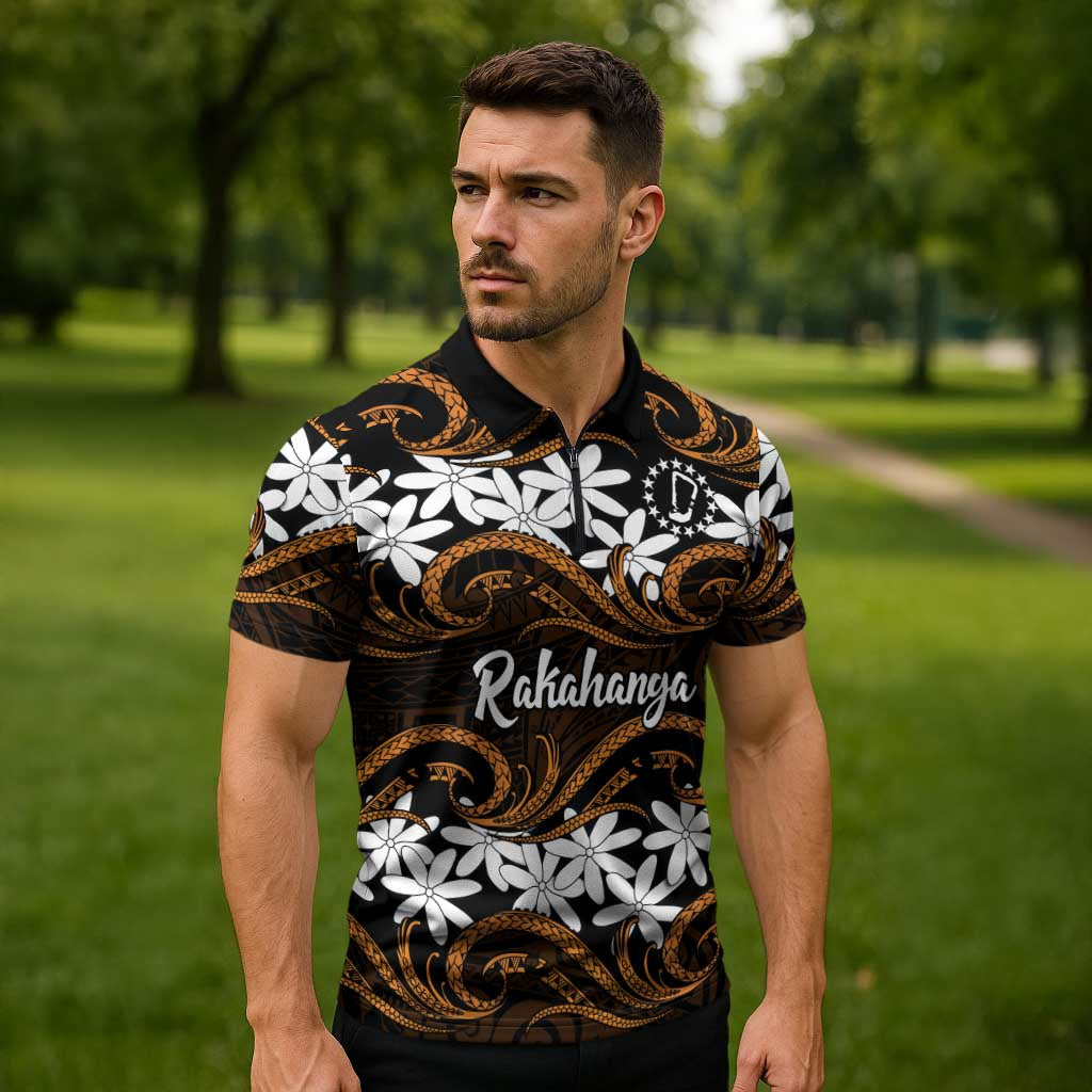 Personalised Cook Islands Rakahanga Zipper Polo Shirt Tiare Maori Polynesian Waves Tattoo