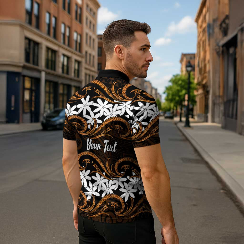 Personalised Cook Islands Rakahanga Zipper Polo Shirt Tiare Maori Polynesian Waves Tattoo