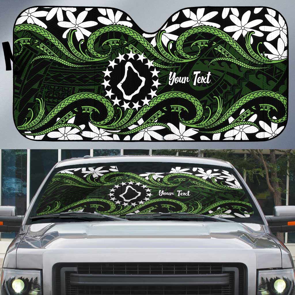 Personalised Cook Islands Palmerston Auto Sun Shade Tiare Maori Polynesian Waves Tattoo LT14 Green - Polynesian Pride