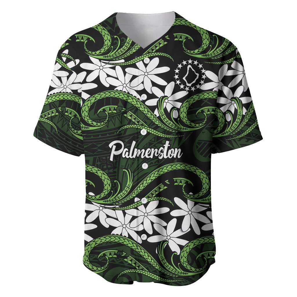 Personalised Cook Islands Palmerston Baseball Jersey Tiare Maori Polynesian Waves Tattoo LT14 Green - Polynesian Pride