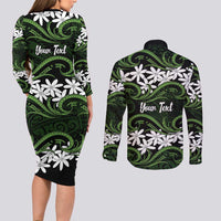 Personalised Cook Islands Palmerston Couples Matching Long Sleeve Bodycon Dress and Long Sleeve Button Shirt Tiare Maori Polynesian Waves Tattoo