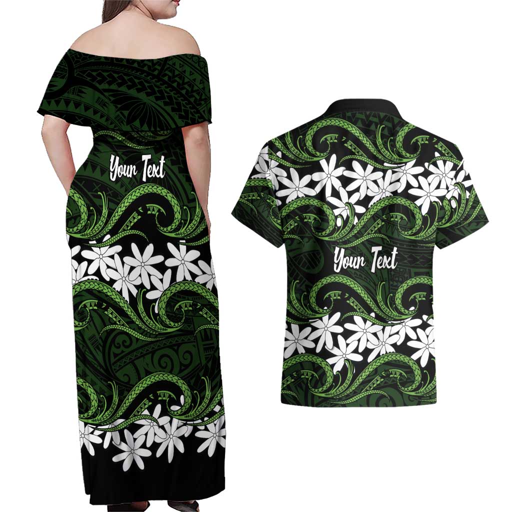 Personalised Cook Islands Palmerston Couples Matching Off Shoulder Maxi Dress and Hawaiian Shirt Tiare Maori Polynesian Waves Tattoo