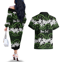 Personalised Cook Islands Palmerston Couples Matching Off The Shoulder Long Sleeve Dress and Hawaiian Shirt Tiare Maori Polynesian Waves Tattoo