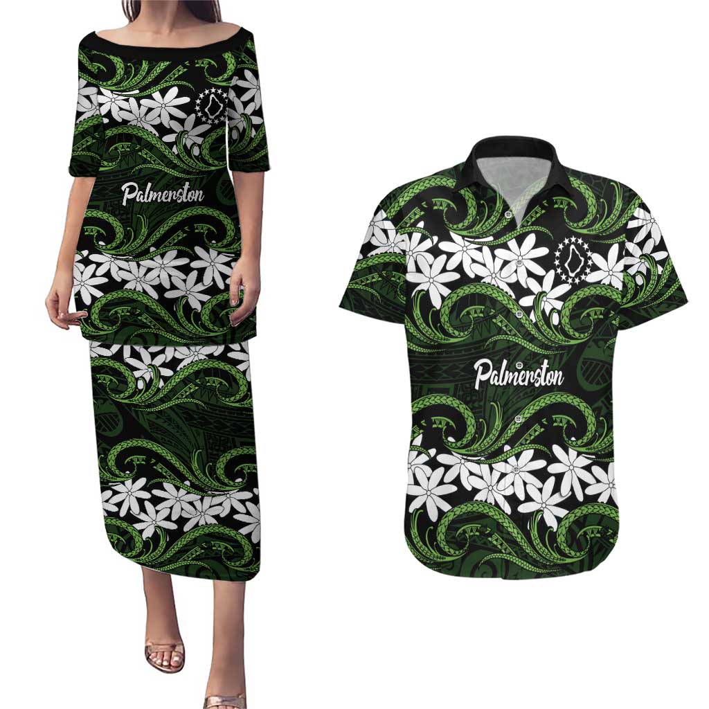 Personalised Cook Islands Palmerston Couples Matching Puletasi and Hawaiian Shirt Tiare Maori Polynesian Waves Tattoo
