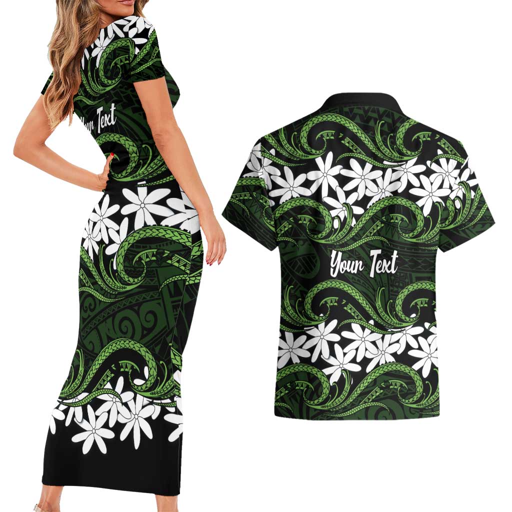 Personalised Cook Islands Palmerston Couples Matching Short Sleeve Bodycon Dress and Hawaiian Shirt Tiare Maori Polynesian Waves Tattoo