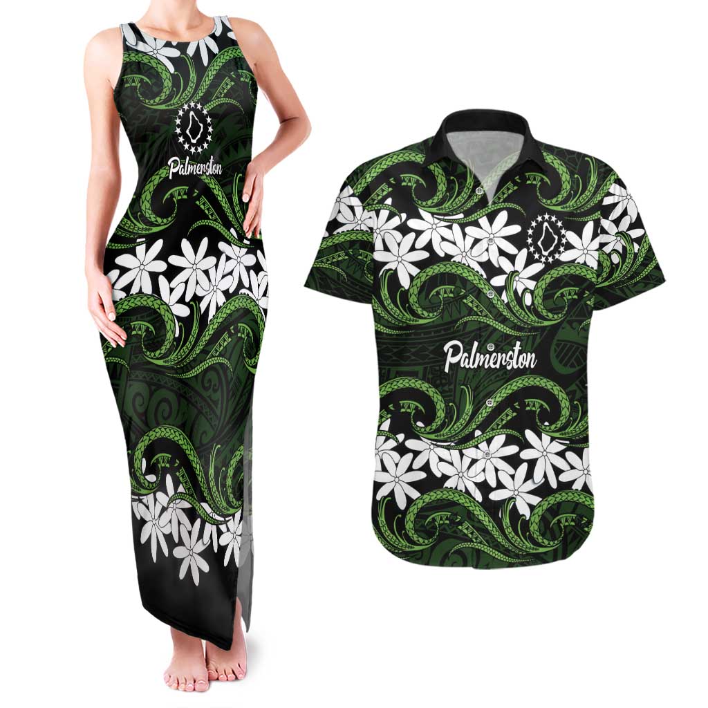 Personalised Cook Islands Palmerston Couples Matching Tank Maxi Dress and Hawaiian Shirt Tiare Maori Polynesian Waves Tattoo LT14 Green - Polynesian Pride
