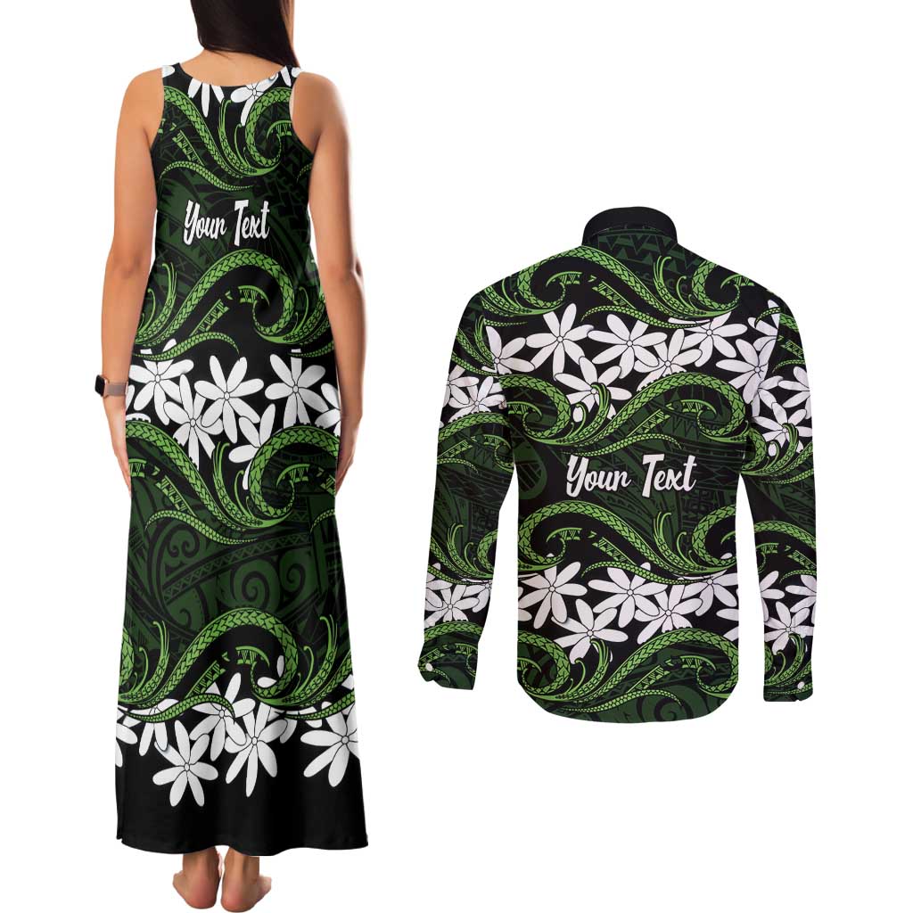 Personalised Cook Islands Palmerston Couples Matching Tank Maxi Dress and Long Sleeve Button Shirt Tiare Maori Polynesian Waves Tattoo