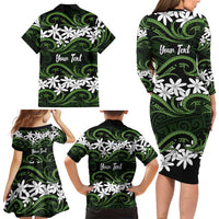 Personalised Cook Islands Palmerston Family Matching Long Sleeve Bodycon Dress and Hawaiian Shirt Tiare Maori Polynesian Waves Tattoo