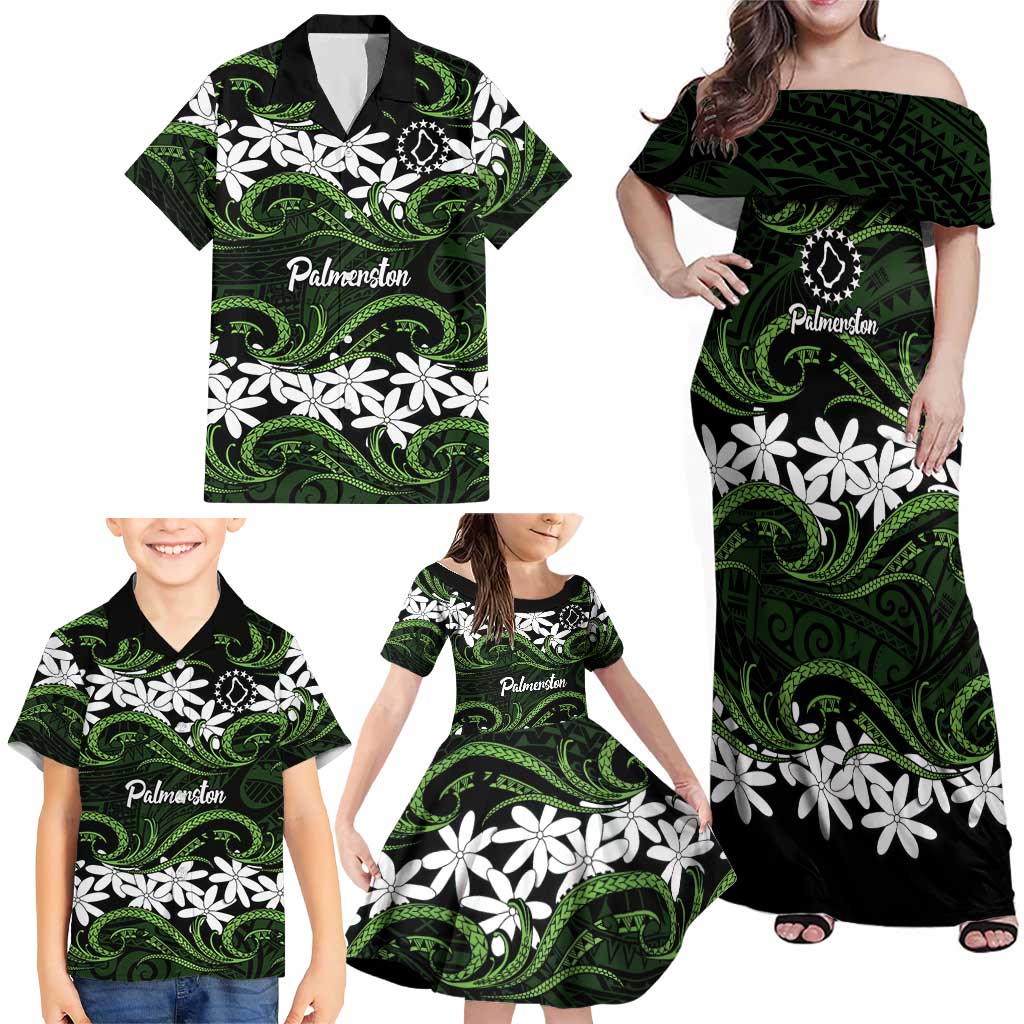 Personalised Cook Islands Palmerston Family Matching Off Shoulder Maxi Dress and Hawaiian Shirt Tiare Maori Polynesian Waves Tattoo