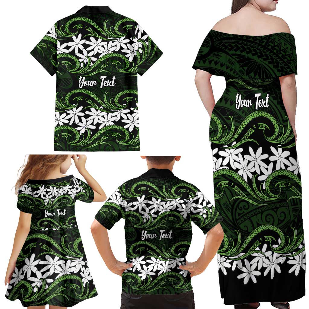 Personalised Cook Islands Palmerston Family Matching Off Shoulder Maxi Dress and Hawaiian Shirt Tiare Maori Polynesian Waves Tattoo