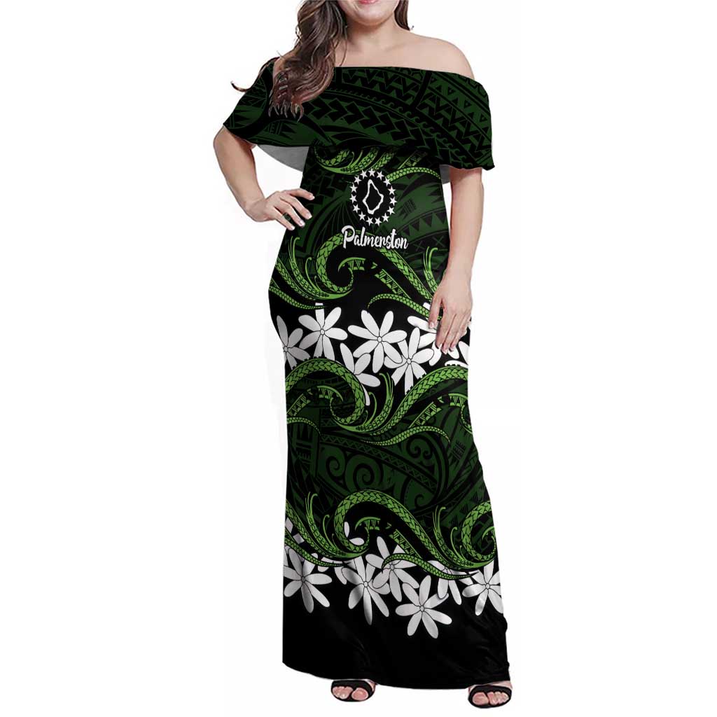 Personalised Cook Islands Palmerston Family Matching Off Shoulder Maxi Dress and Hawaiian Shirt Tiare Maori Polynesian Waves Tattoo