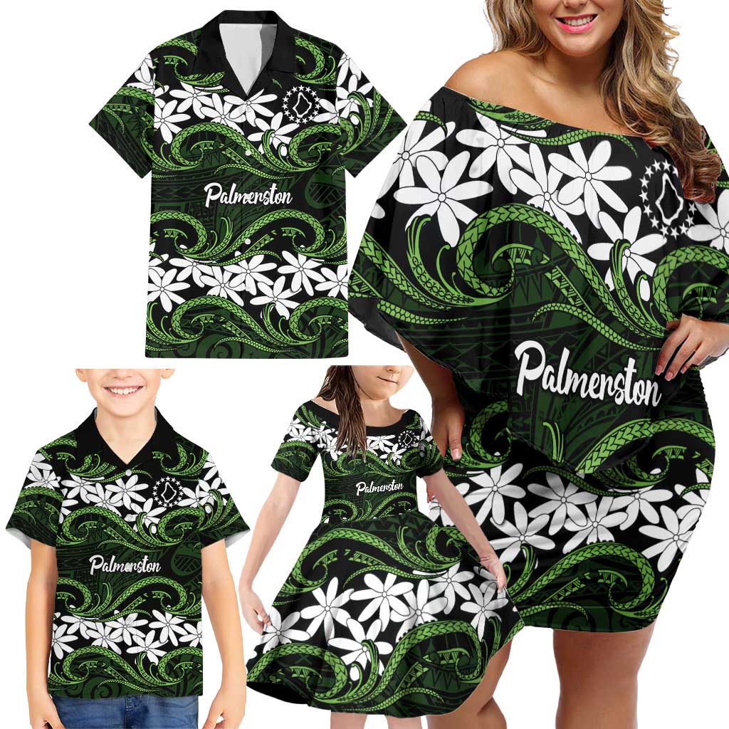 Personalised Cook Islands Palmerston Family Matching Off Shoulder Short Dress and Hawaiian Shirt Tiare Maori Polynesian Waves Tattoo