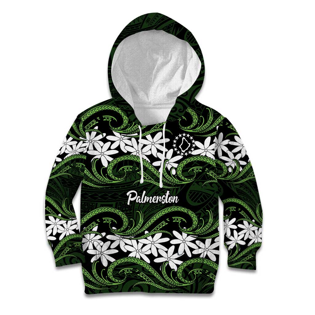 Personalised Cook Islands Palmerston Kid Hoodie Tiare Maori Polynesian Waves Tattoo LT14 Hoodie Green - Polynesian Pride