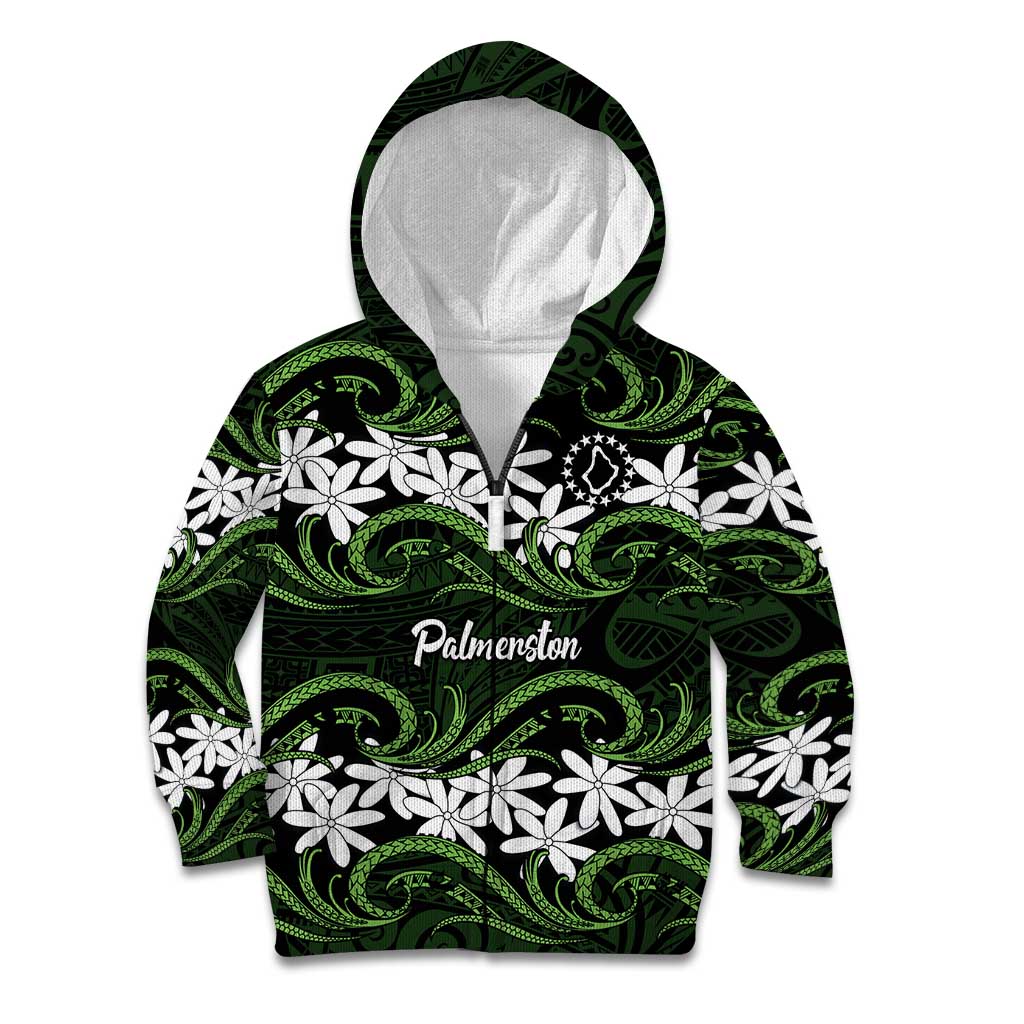 Personalised Cook Islands Palmerston Kid Hoodie Tiare Maori Polynesian Waves Tattoo LT14 Zip Hoodie Green - Polynesian Pride
