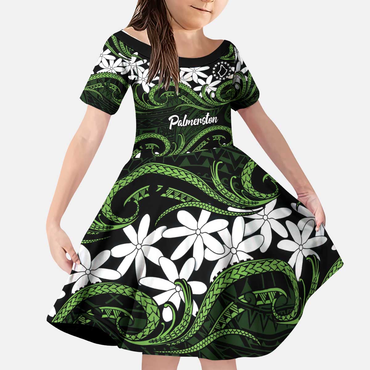 Personalised Cook Islands Palmerston Kid Short Sleeve Dress Tiare Maori Polynesian Waves Tattoo LT14 KID Green - Polynesian Pride
