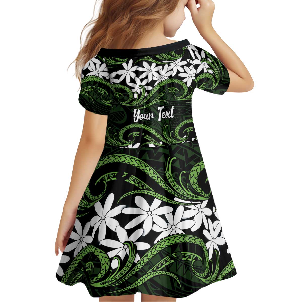 Personalised Cook Islands Palmerston Kid Short Sleeve Dress Tiare Maori Polynesian Waves Tattoo LT14 - Polynesian Pride
