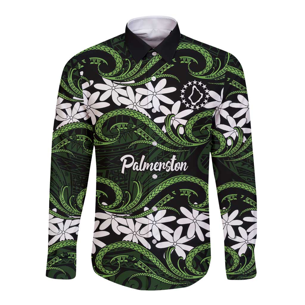 Personalised Cook Islands Palmerston Long Sleeve Button Shirt Tiare Maori Polynesian Waves Tattoo