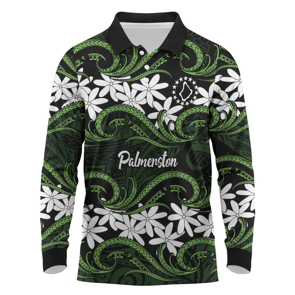 Personalised Cook Islands Palmerston Long Sleeve Polo Shirt Tiare Maori Polynesian Waves Tattoo LT14 Green - Polynesian Pride