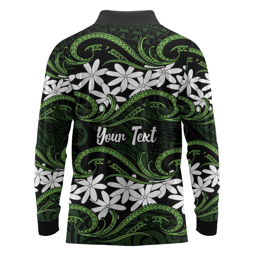 Personalised Cook Islands Palmerston Long Sleeve Polo Shirt Tiare Maori Polynesian Waves Tattoo LT14 - Polynesian Pride