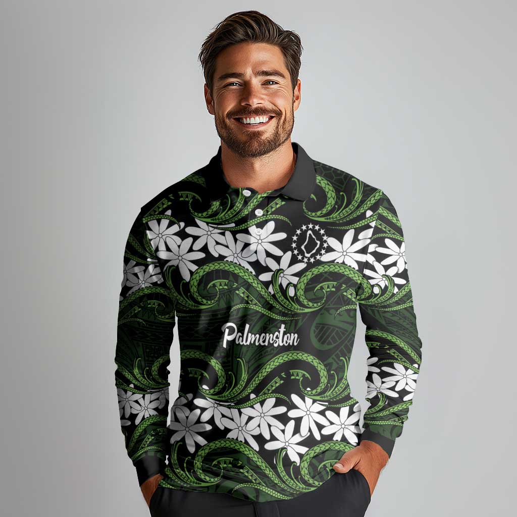Personalised Cook Islands Palmerston Long Sleeve Polo Shirt Tiare Maori Polynesian Waves Tattoo LT14 - Polynesian Pride