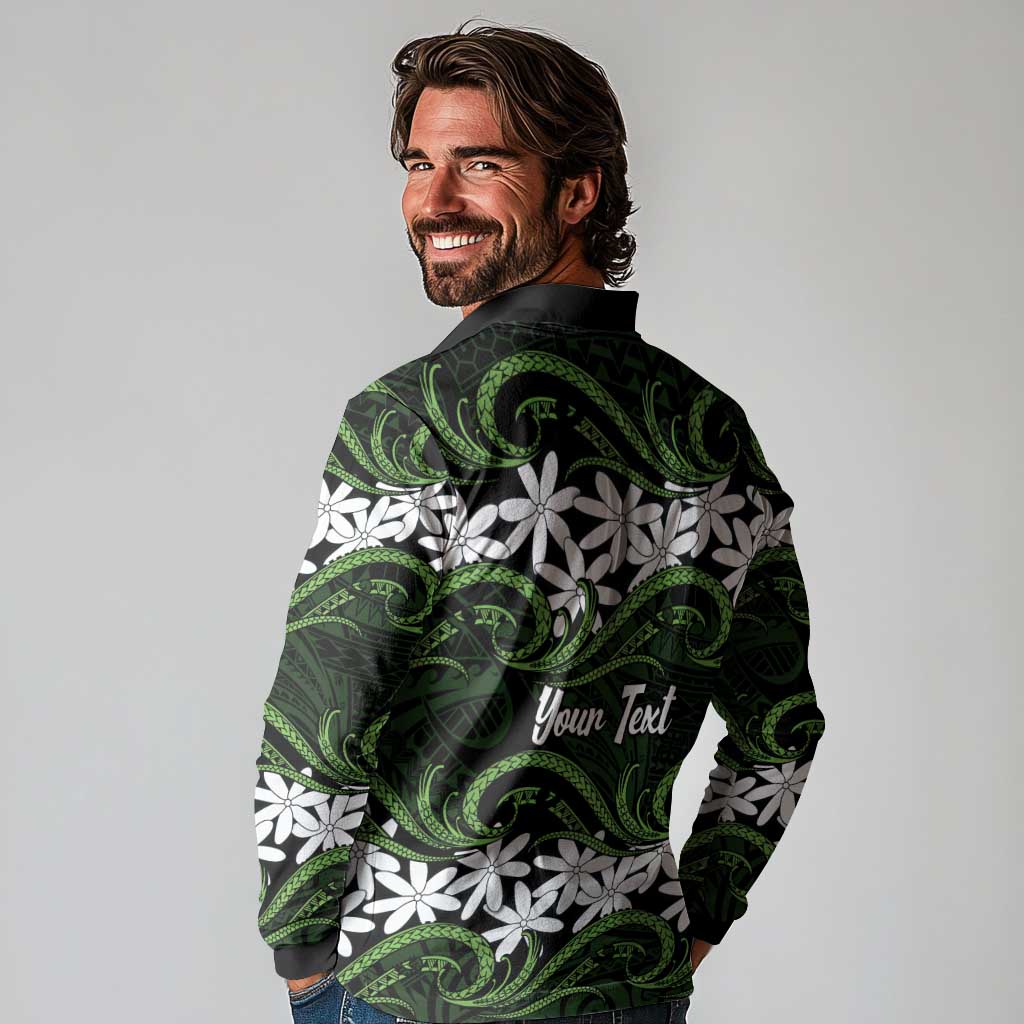 Personalised Cook Islands Palmerston Long Sleeve Polo Shirt Tiare Maori Polynesian Waves Tattoo LT14 - Polynesian Pride