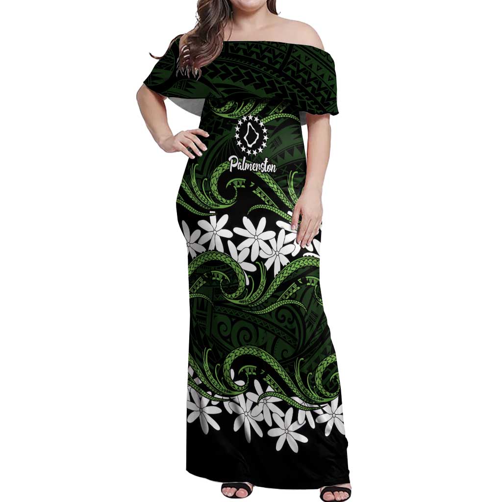 Personalised Cook Islands Palmerston Off Shoulder Maxi Dress Tiare Maori Polynesian Waves Tattoo LT14 Women Green - Polynesian Pride