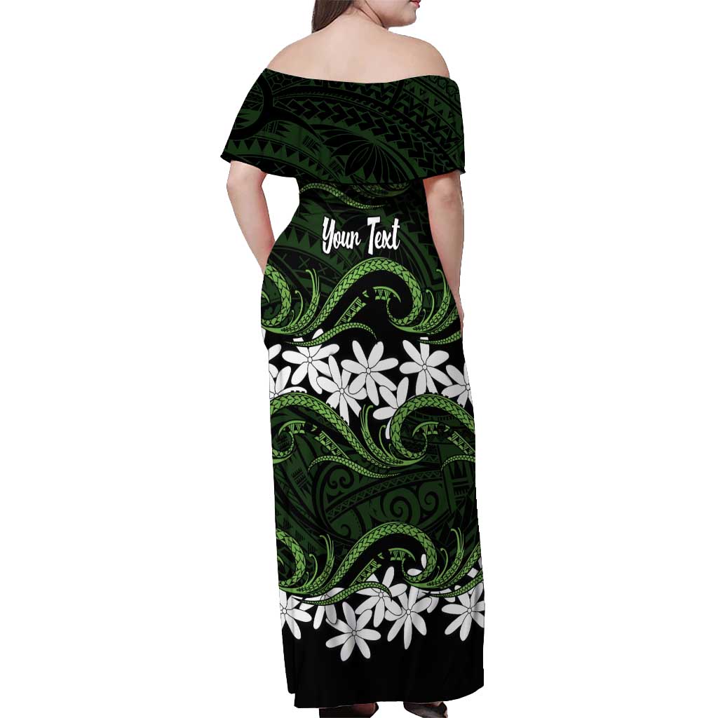 Personalised Cook Islands Palmerston Off Shoulder Maxi Dress Tiare Maori Polynesian Waves Tattoo LT14 - Polynesian Pride