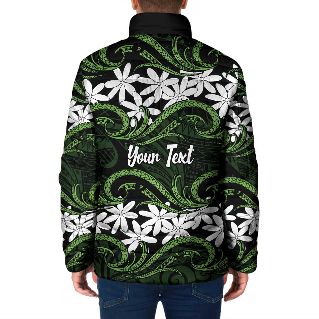 Personalised Cook Islands Palmerston Padded Jacket Tiare Maori Polynesian Waves Tattoo