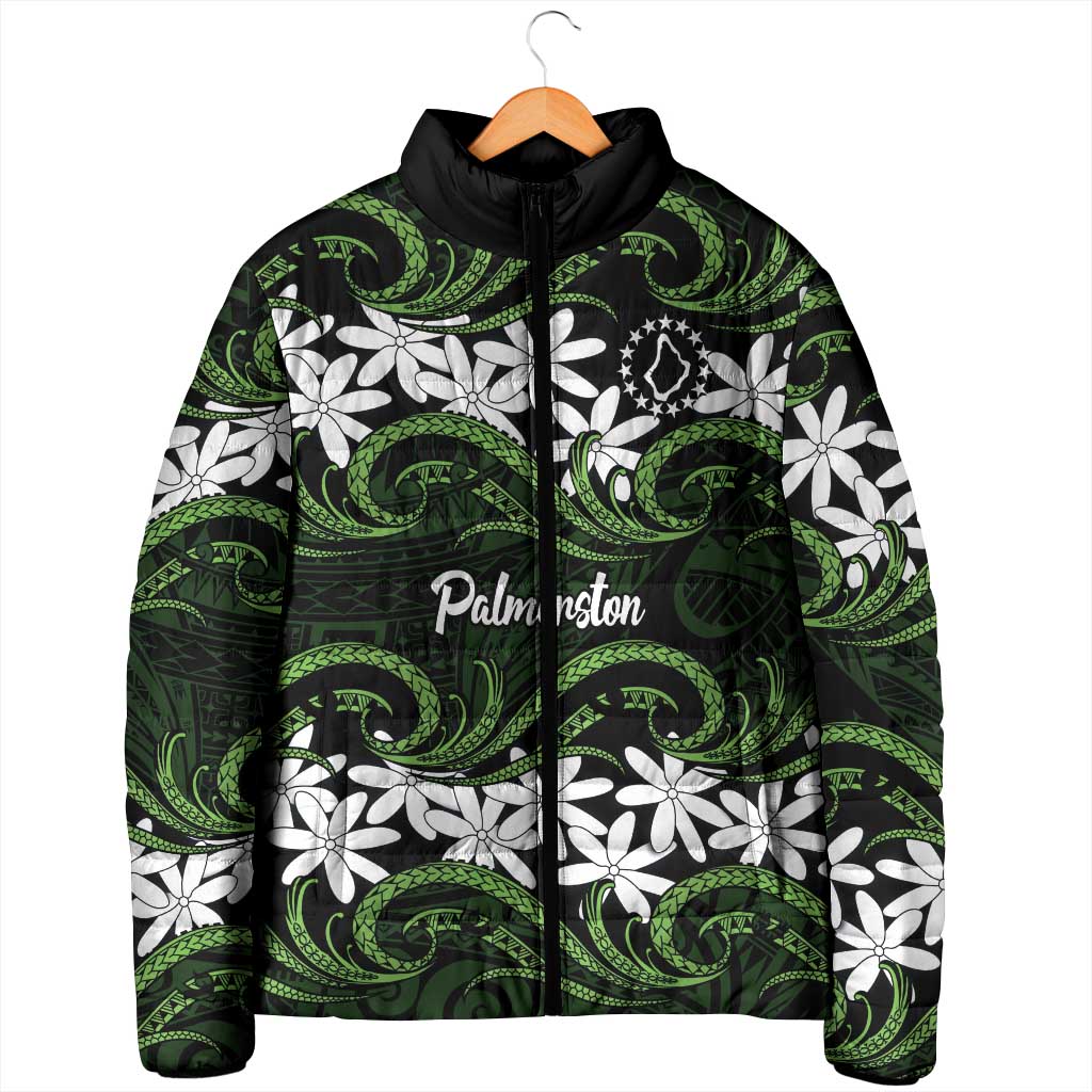 Personalised Cook Islands Palmerston Padded Jacket Tiare Maori Polynesian Waves Tattoo