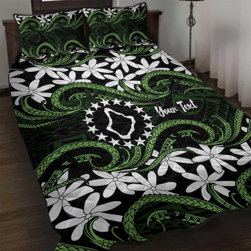 Personalised Cook Islands Palmerston Quilt Bed Set Tiare Maori Polynesian Waves Tattoo LT14 Green - Polynesian Pride