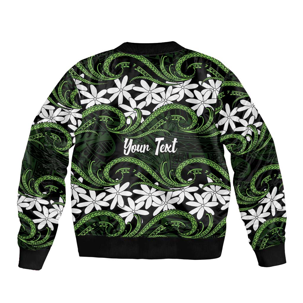Personalised Cook Islands Palmerston Sleeve Zip Bomber Jacket Tiare Maori Polynesian Waves Tattoo
