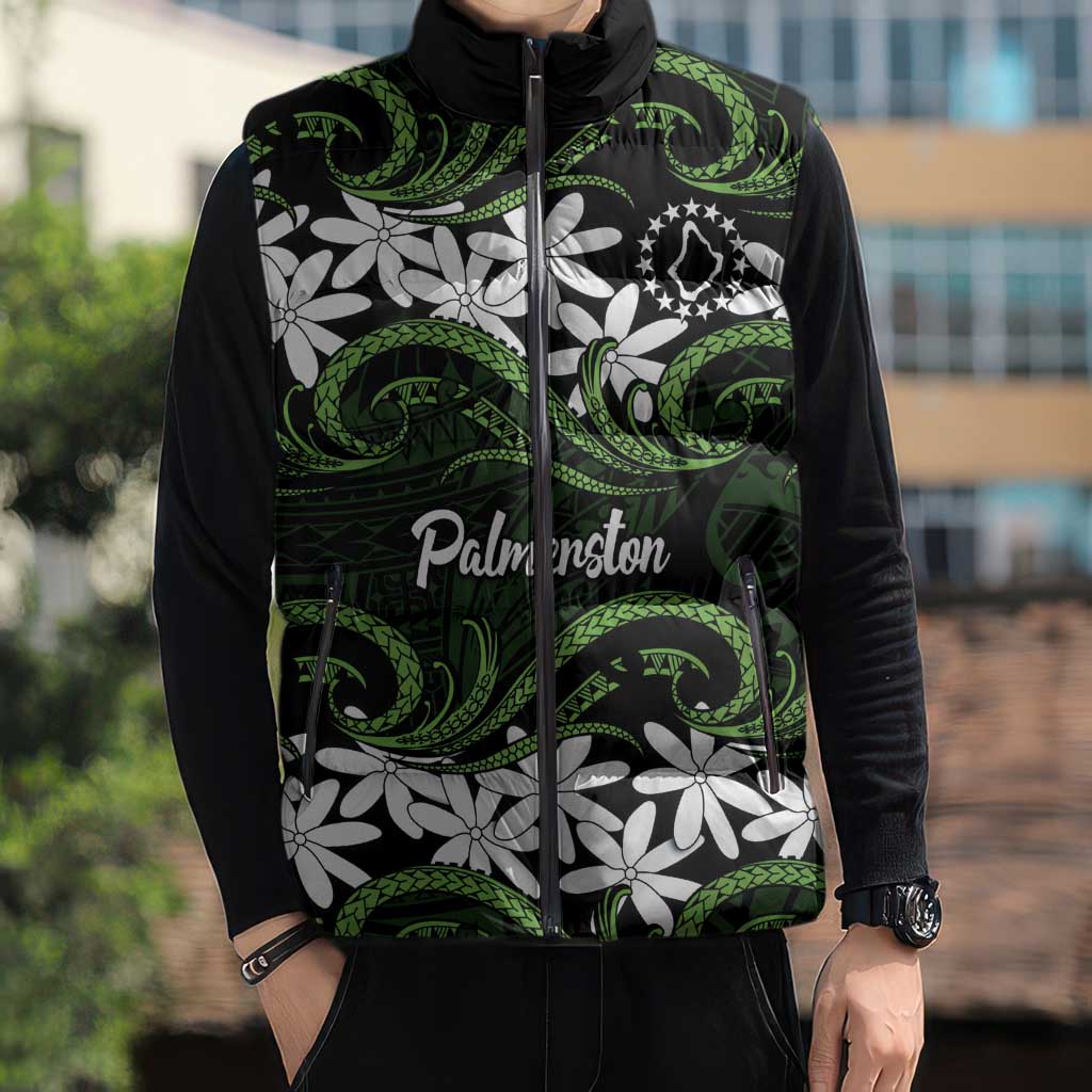 Personalised Cook Islands Palmerston Sleeveless Puffer Jacket Tiare Maori Polynesian Waves Tattoo